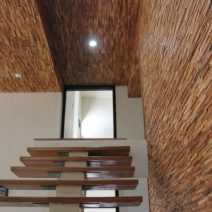 Brown 3D Embossed Geometric Teak Reclaimed Wood Decorative Wall Panels HomeRoots