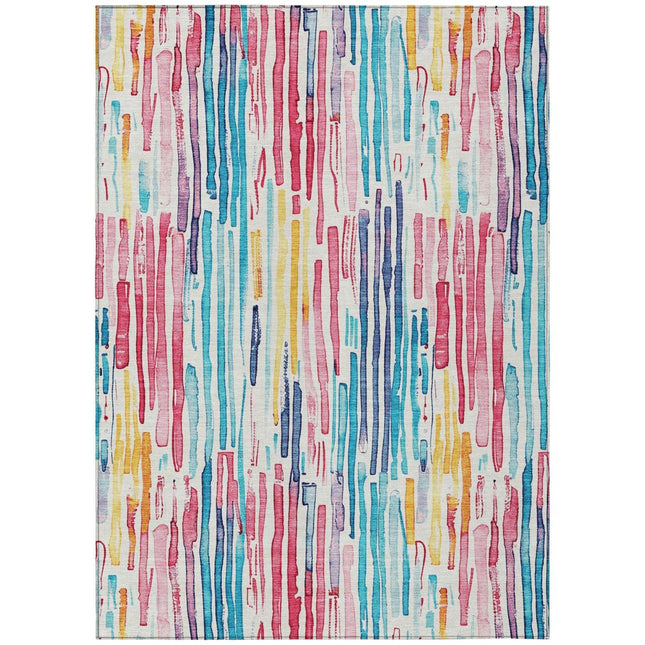 9' X 12' White Pink And Teal Blue Striped Washable Indoor Outdoor Area Rug HomeRoots