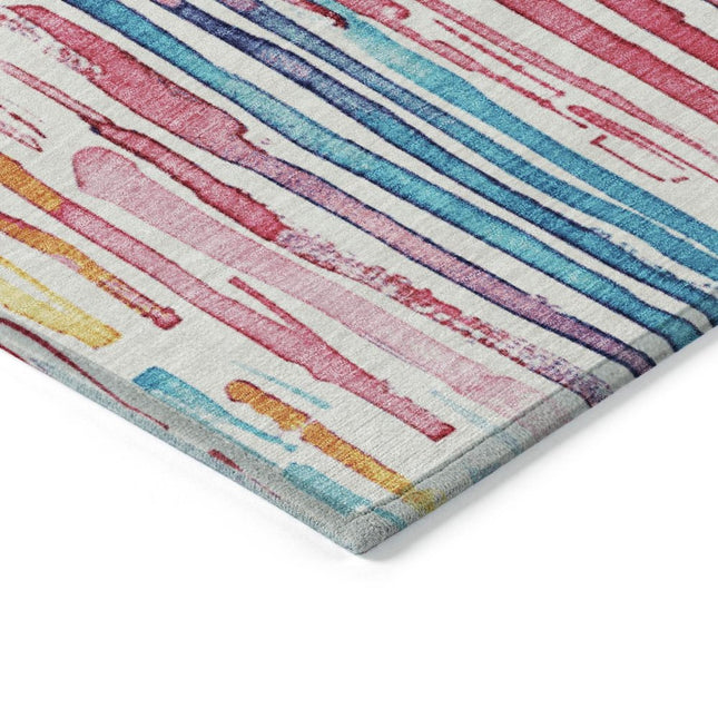 9' X 12' White Pink And Teal Blue Striped Washable Indoor Outdoor Area Rug HomeRoots