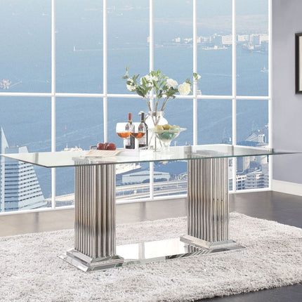 ACME 62075 Cyrene Dining Table with Double Pedestal, Stainless Steel & Clear Glass (1Set/3Ctn)
