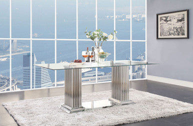 ACME 62075 Cyrene Dining Table with Double Pedestal, Stainless Steel & Clear Glass (1Set/3Ctn) ACME Furniture