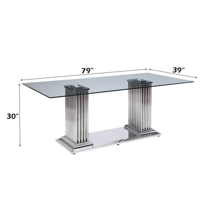 ACME 62075 Cyrene Dining Table with Double Pedestal, Stainless Steel & Clear Glass (1Set/3Ctn)