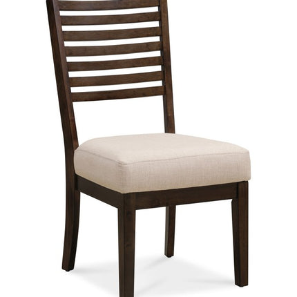 Set of Two Ivory and Dark Brown Linen Slat Back Dining Side Chairs