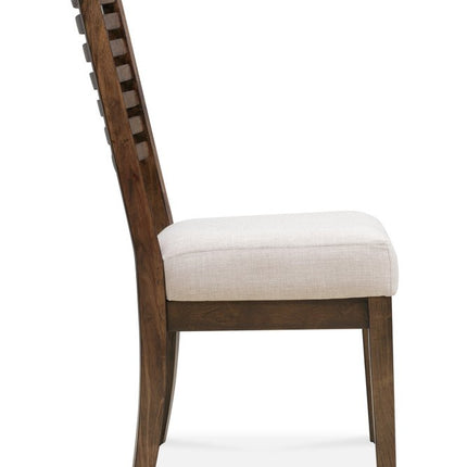 Set of Two Ivory and Dark Brown Linen Slat Back Dining Side Chairs