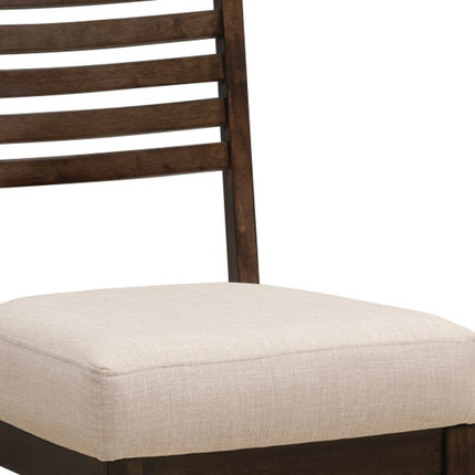 Set of Two Ivory and Dark Brown Linen Slat Back Dining Side Chairs