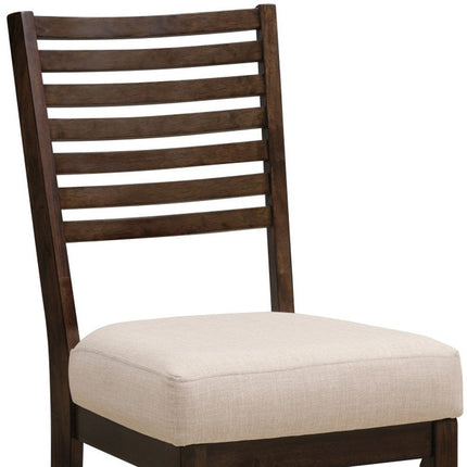 Set of Two Ivory and Dark Brown Linen Slat Back Dining Side Chairs