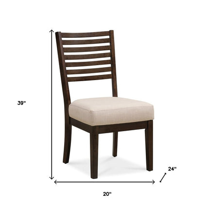 Set of Two Ivory and Dark Brown Linen Slat Back Dining Side Chairs