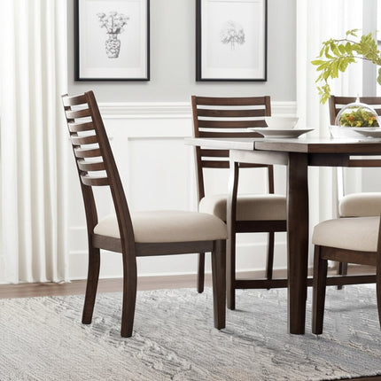 Set of Two Ivory and Dark Brown Linen Slat Back Dining Side Chairs