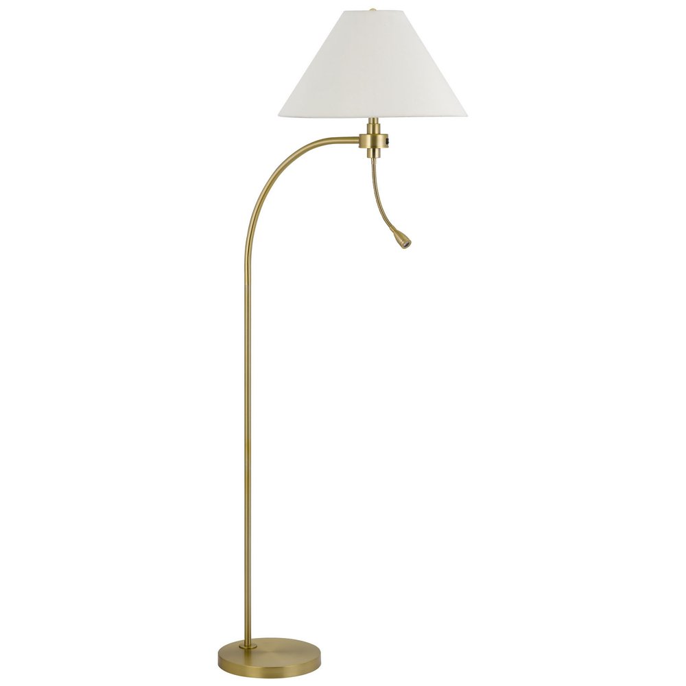 68" Antiqued Brass Metal Reading Floor Lamp With Off White Fabric Empire Shade