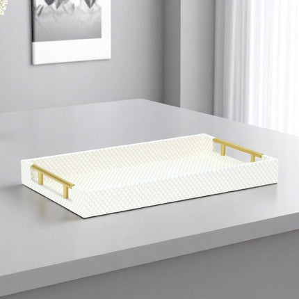 16" Ivory And Gold Geometric Print Handmade Serving Tray With Handles