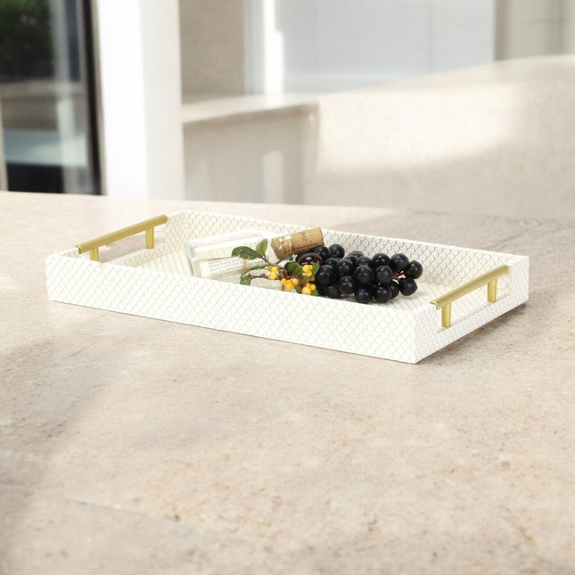 16" Ivory And Gold Geometric Print Handmade Serving Tray With Handles HomeRoots