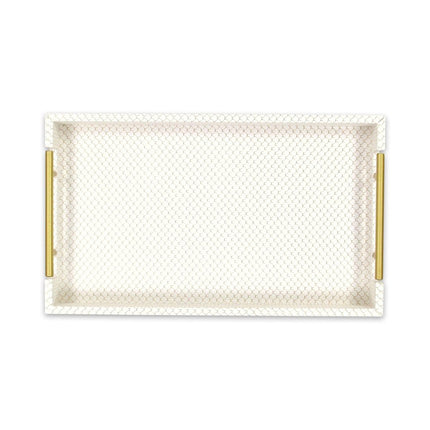 16" Ivory And Gold Geometric Print Handmade Serving Tray With Handles