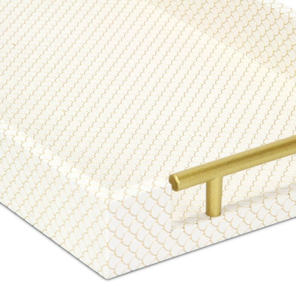 16" Ivory And Gold Geometric Print Handmade Serving Tray With Handles HomeRoots