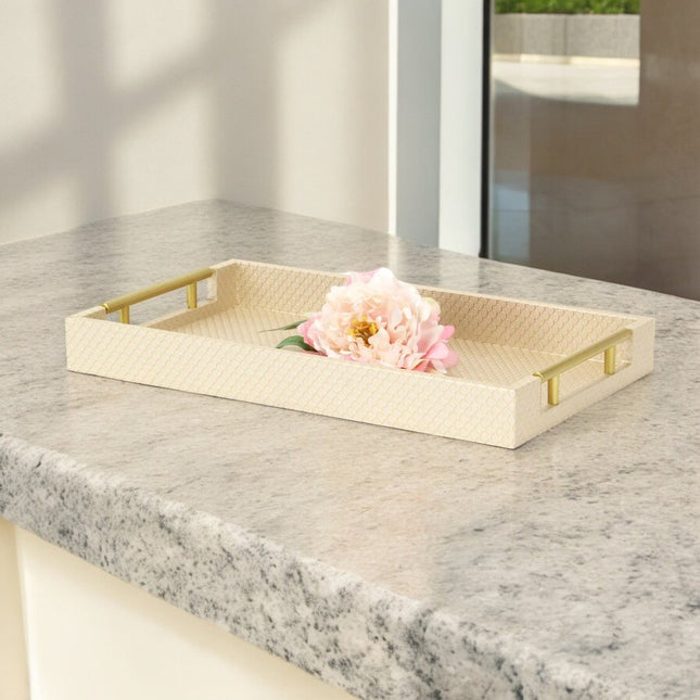 16" Champagne And Gold Geometric Print Handmade Serving Tray With Handles HomeRoots