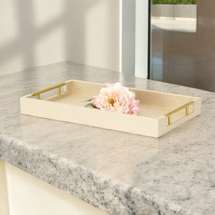 16" Champagne And Gold Geometric Print Handmade Serving Tray With Handles HomeRoots