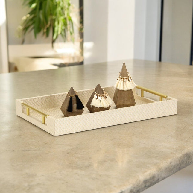 16" Champagne And Gold Geometric Print Handmade Serving Tray With Handles HomeRoots