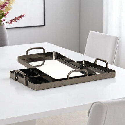 Set of Two Pewter Aluminum And Mirrored Glass Handmade Serving Trays HomeRoots
