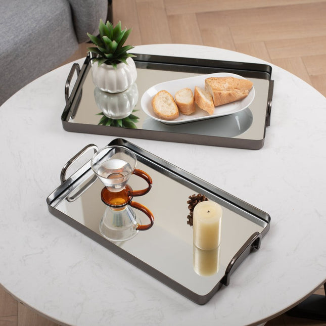 Set of Two Pewter Aluminum And Mirrored Glass Handmade Serving Trays HomeRoots