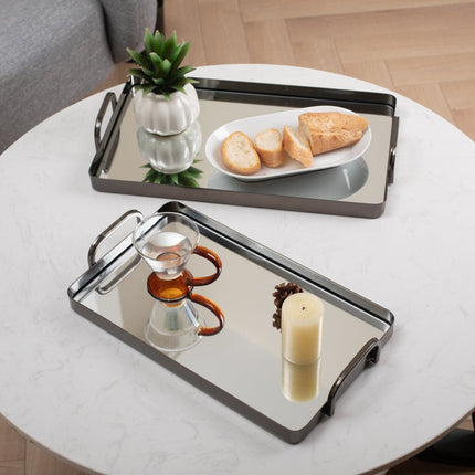 Set of Two Pewter Aluminum And Mirrored Glass Handmade Serving Trays HomeRoots