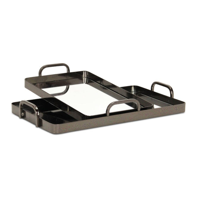 Set of Two Pewter Aluminum And Mirrored Glass Handmade Serving Trays HomeRoots