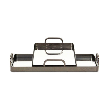 Set of Two Pewter Aluminum And Mirrored Glass Handmade Serving Trays HomeRoots