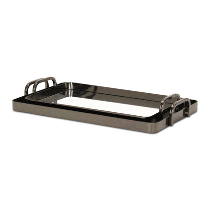Set of Two Pewter Aluminum And Mirrored Glass Handmade Serving Trays HomeRoots