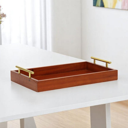16" Brown And Gold Solid Wood Handmade Serving Tray With Handles