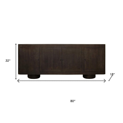 80" Dark Brown Distressed Solid Wood Sideboard Soft Close with Four Doors HomeRoots