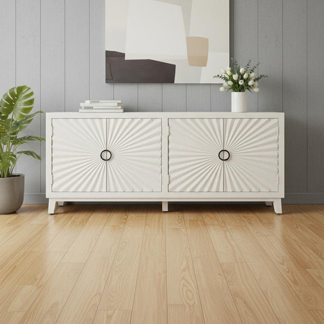 76" Ivory Distressed Solid Wood Carved Geometric Sideboard with Four Doors HomeRoots