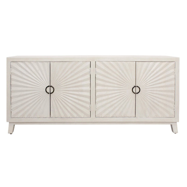 76" Ivory Distressed Solid Wood Carved Geometric Sideboard with Four Doors HomeRoots