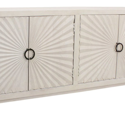 76" Ivory Distressed Solid Wood Carved Geometric Sideboard with Four Doors HomeRoots