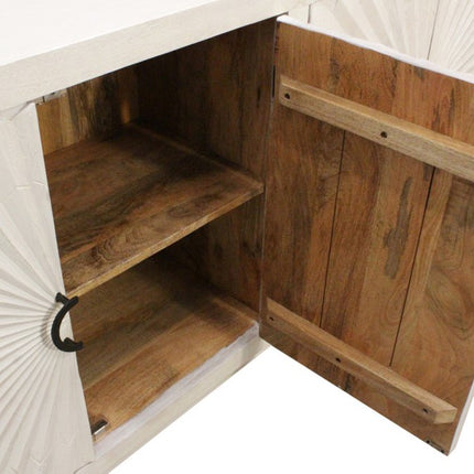 76" Ivory Distressed Solid Wood Carved Geometric Sideboard with Four Doors HomeRoots
