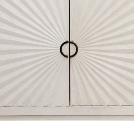 76" Ivory Distressed Solid Wood Carved Geometric Sideboard with Four Doors HomeRoots