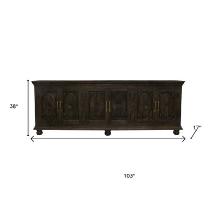 103" Black Distressed Solid Wood Carved Floral Sideboard with Six Doors HomeRoots