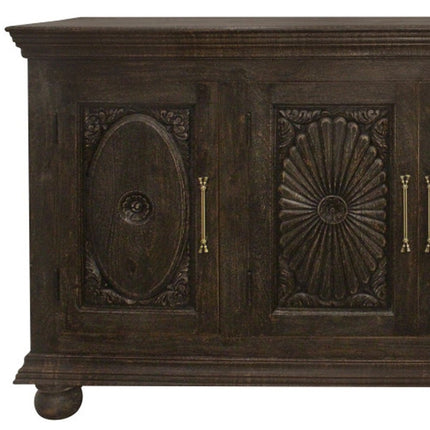 73" Black Distressed Solid Wood Carved Floral Sideboard with Four Doors HomeRoots