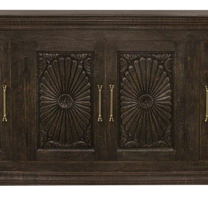 73" Black Distressed Solid Wood Carved Floral Sideboard with Four Doors HomeRoots