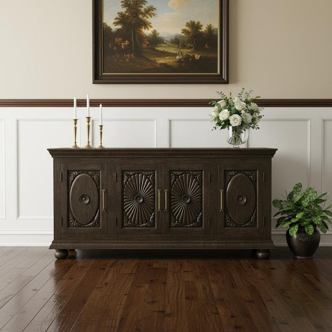 73" Black Distressed Solid Wood Carved Floral Sideboard with Four Doors HomeRoots