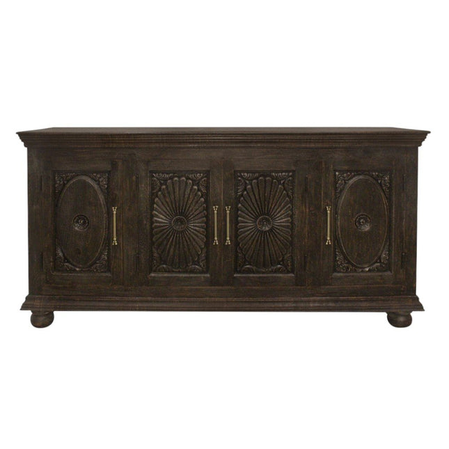 73" Black Distressed Solid Wood Carved Floral Sideboard with Four Doors HomeRoots