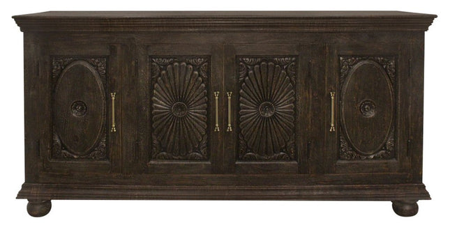 73" Black Distressed Solid Wood Carved Floral Sideboard With Four Doors HomeRoots