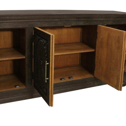 73" Black Distressed Solid Wood Carved Floral Sideboard with Four Doors HomeRoots