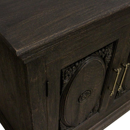 73" Black Distressed Solid Wood Carved Floral Sideboard with Four Doors HomeRoots