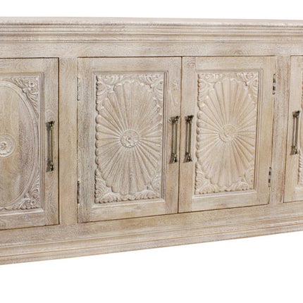 73" Antiqued White Distressed Solid Wood Carved Floral Sideboard with Four Doors HomeRoots