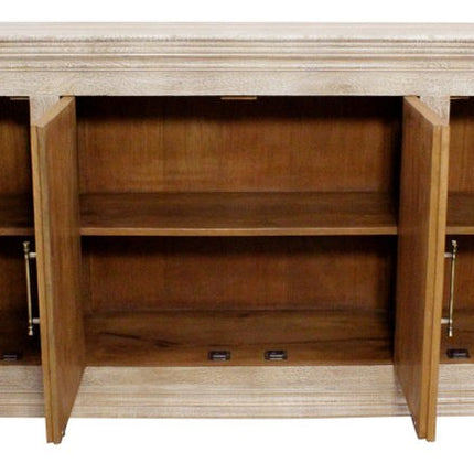 73" Antiqued White Distressed Solid Wood Carved Floral Sideboard with Four Doors HomeRoots