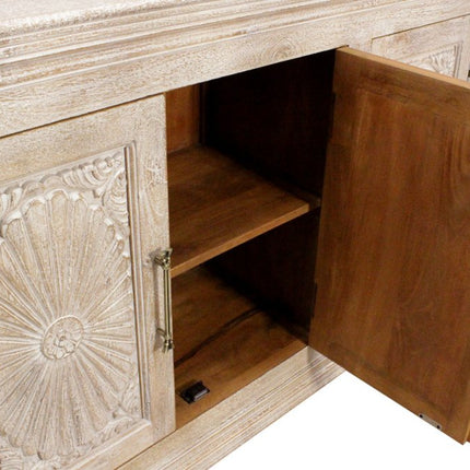 73" Antiqued White Distressed Solid Wood Carved Floral Sideboard with Four Doors HomeRoots