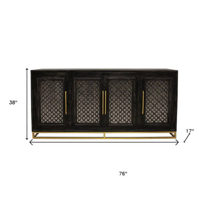 76" Black Distressed Solid Wood Carved Geometric Sideboard with Four Doors HomeRoots