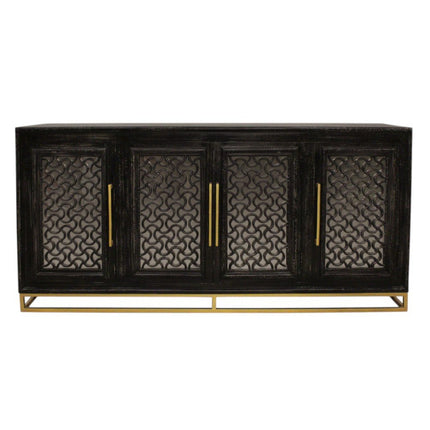 76" Black Distressed Solid Wood Carved Geometric Sideboard with Four Doors HomeRoots