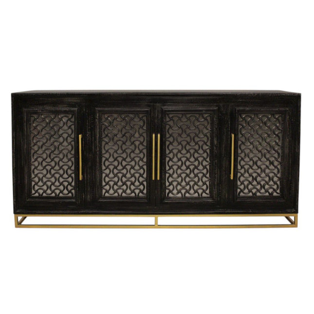 76" Black Distressed Solid Wood Carved Geometric Sideboard with Four Doors HomeRoots