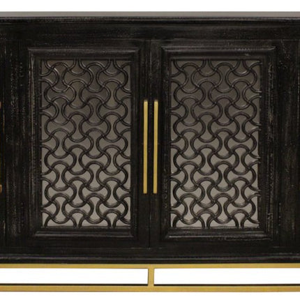 76" Black Distressed Solid Wood Carved Geometric Sideboard with Four Doors HomeRoots