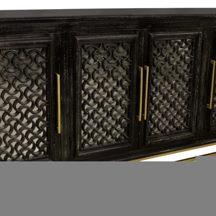 76" Black Distressed Solid Wood Carved Geometric Sideboard with Four Doors HomeRoots