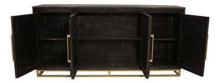 76" Black Distressed Solid Wood Carved Geometric Sideboard with Four Doors HomeRoots